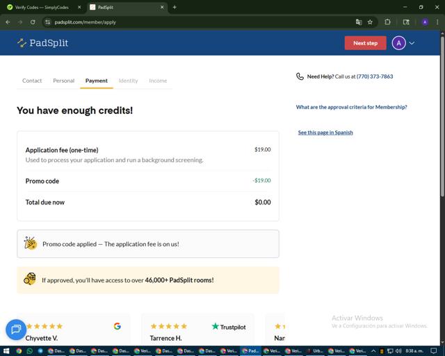 PadSplit checkout page showing PadSplit promo code box | Screenshot taken by SimplyCodes community member on Aug 30, 2025