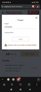 Pagliacci coupon verification screenshot