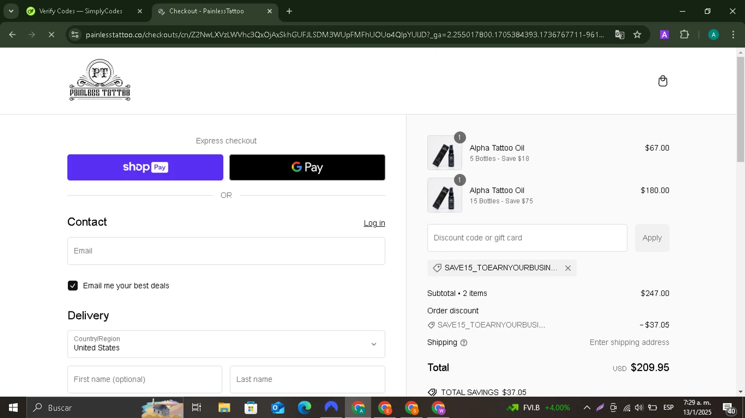 Painless Tattoo discount code screenshot showing code SAVE15_ToEarnYourBusiness_!$ applied at Painless Tattoo checkout page. Uploaded by SimplyCodes community member ThriftyMaverick3223 on Jan 13, 2025