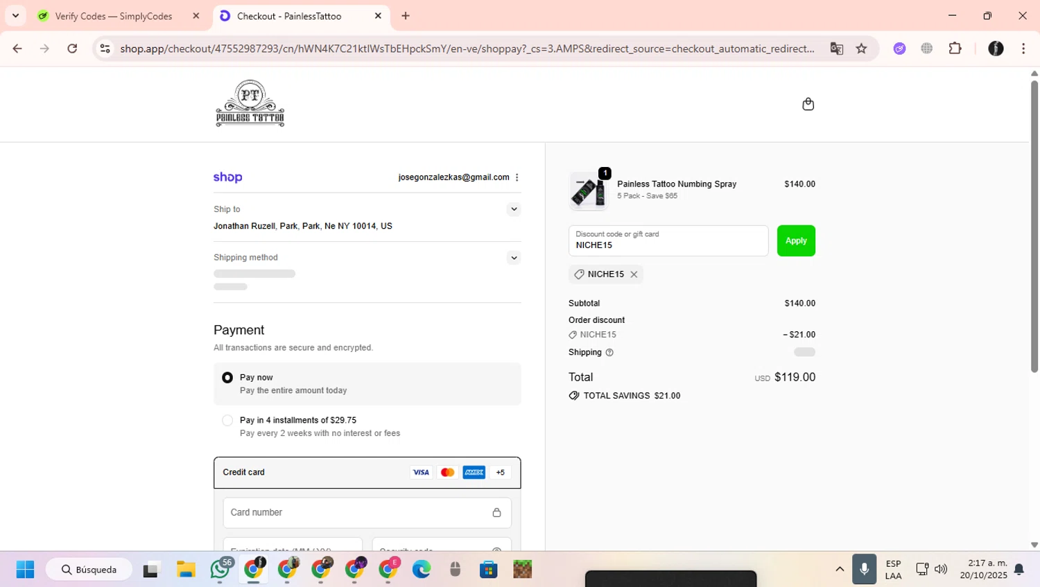 Painless Tattoo discount code screenshot showing code NICHE15 applied at Painless Tattoo checkout page. Uploaded by SimplyCodes community member ChinoYugiXD on Oct 20, 2025