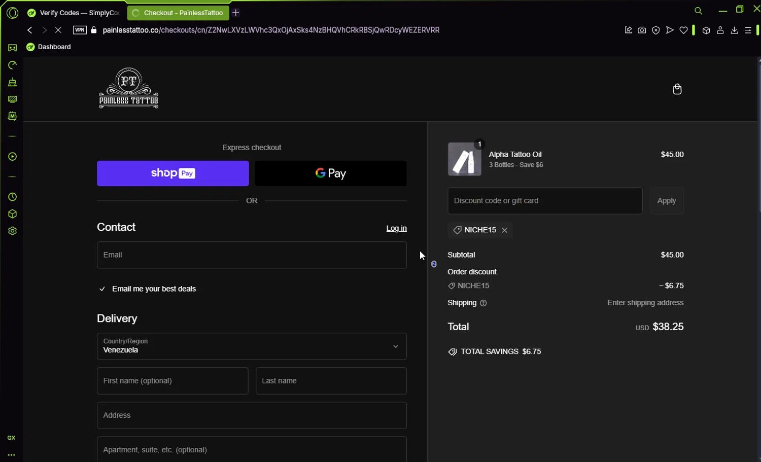 Painless Tattoo discount code screenshot showing code NICHE15 applied at Painless Tattoo checkout page. Uploaded by SimplyCodes community member Jisus007 on Feb 4, 2025