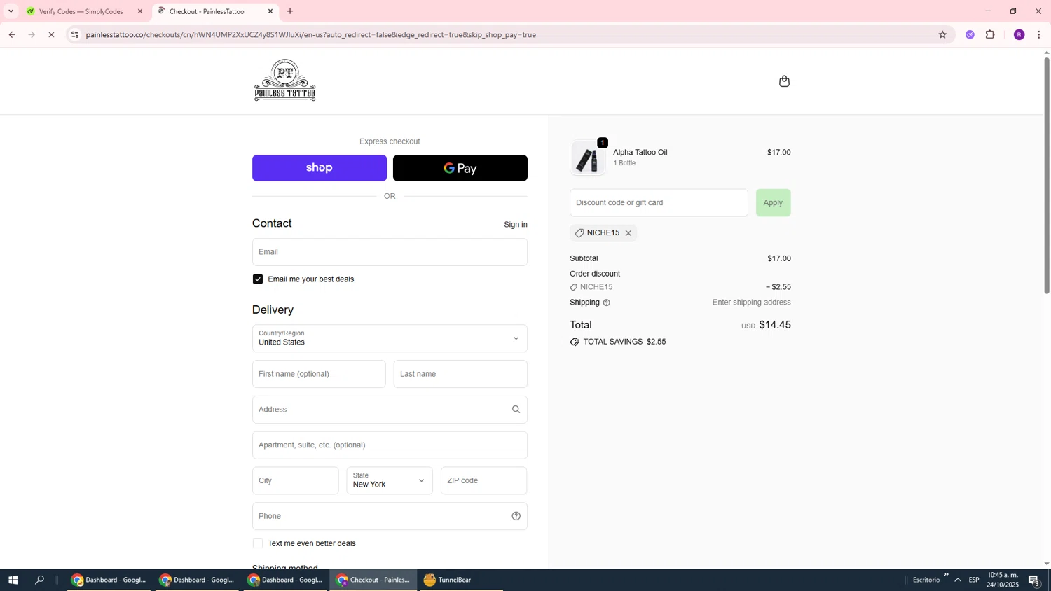 Painless Tattoo discount code screenshot showing code NICHE15 applied at Painless Tattoo checkout page. Uploaded by SimplyCodes community member ukemochi on Oct 24, 2025