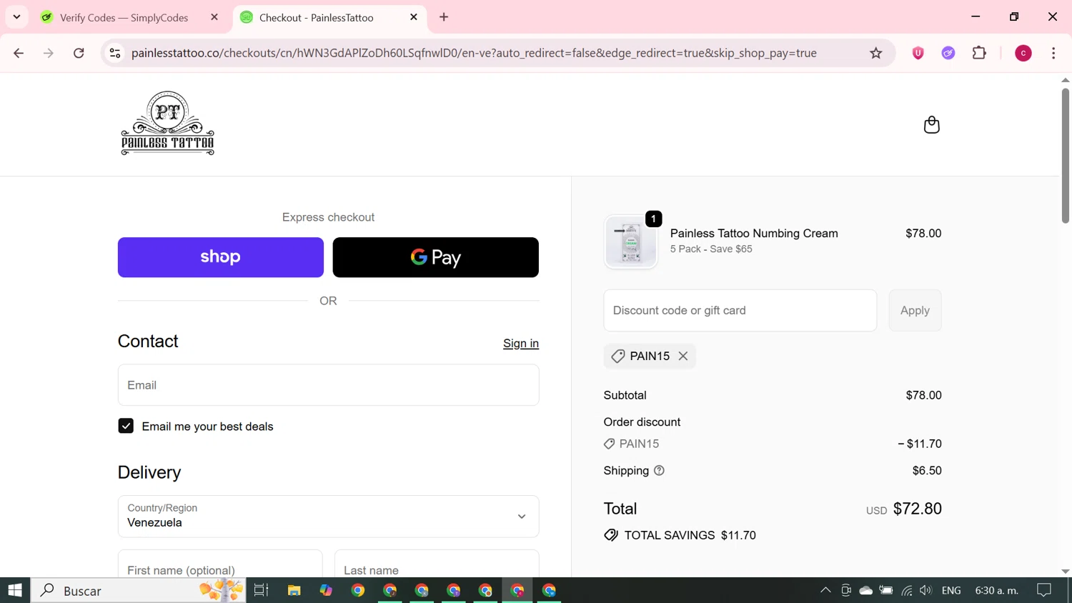 Painless Tattoo discount code screenshot showing code PAIN15 applied at Painless Tattoo checkout page. Uploaded by SimplyCodes community member RewardElite5744 on Sep 22, 2025