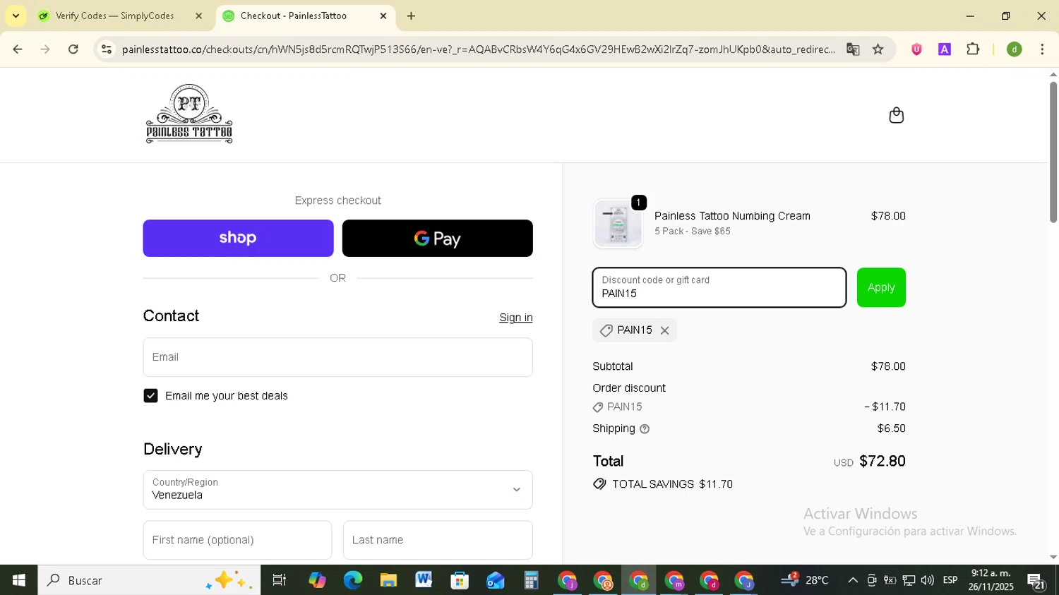 Painless Tattoo discount code screenshot showing code PAIN15 applied at Painless Tattoo checkout page. Uploaded by SimplyCodes community member SavingsSentinel833 on Nov 26, 2025