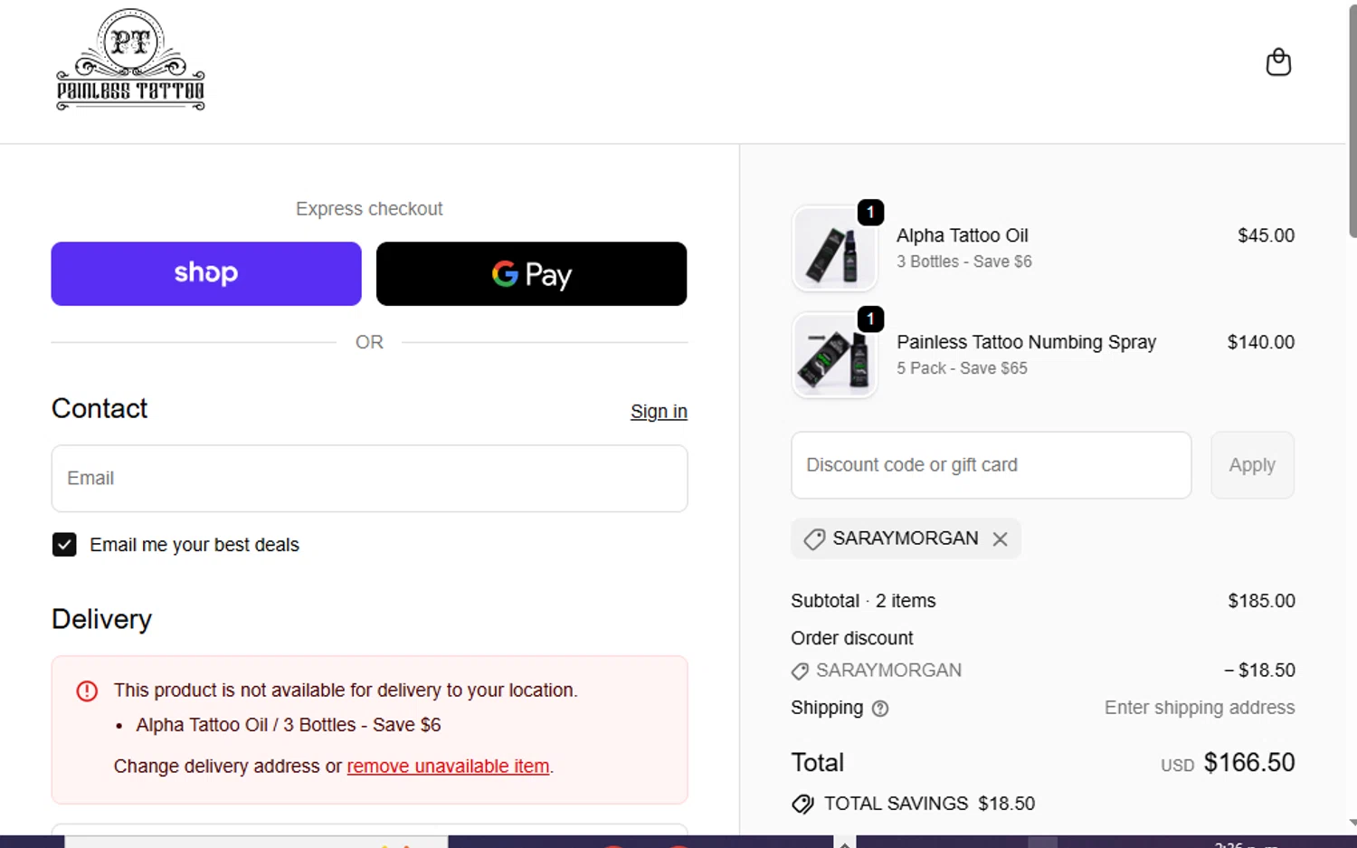 Painless Tattoo discount code screenshot showing code SARAYMORGAN applied at Painless Tattoo checkout page. Uploaded by SimplyCodes community member cachetegomez on Sep 30, 2025