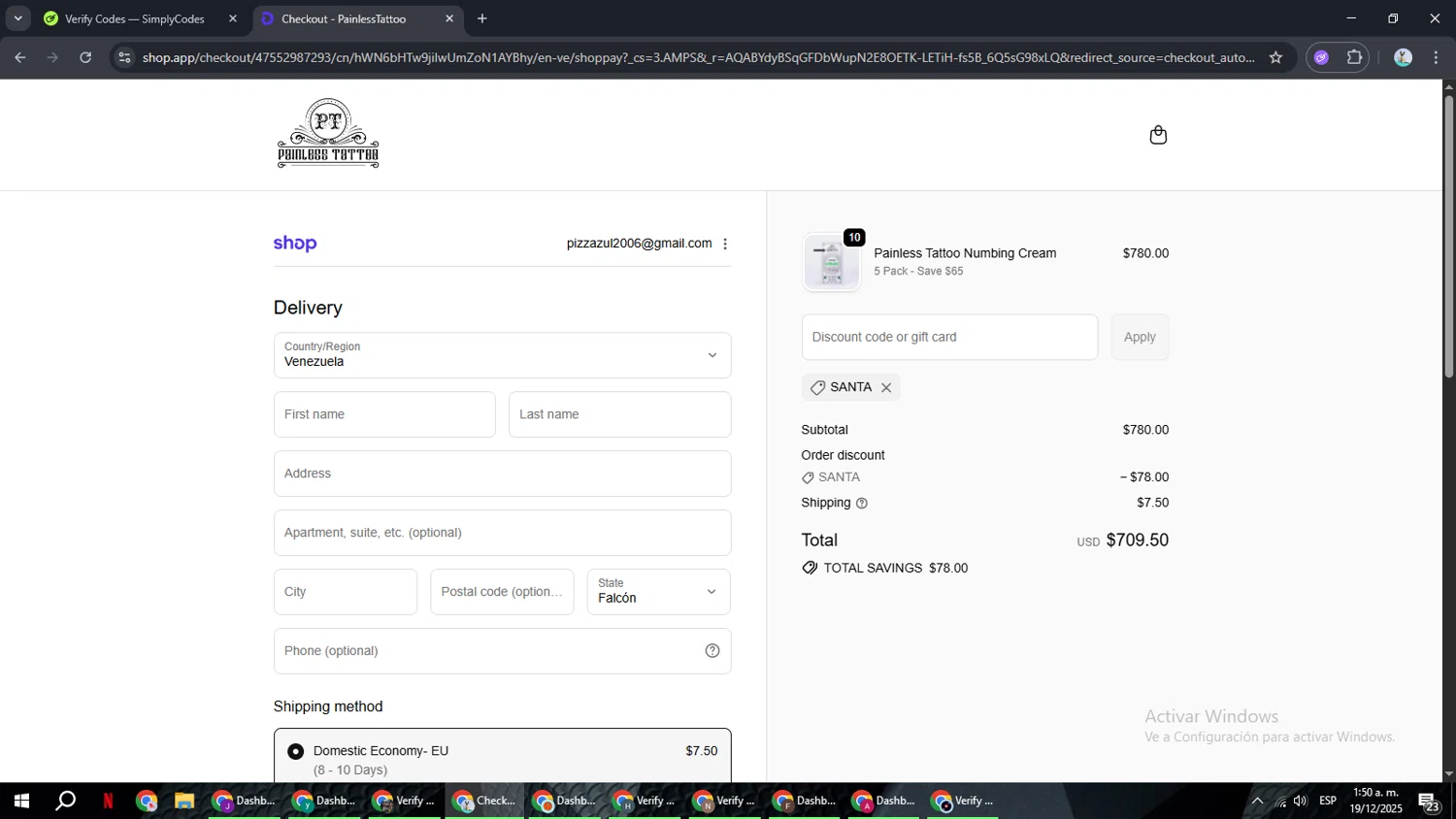 Painless Tattoo discount code screenshot showing code Santa applied at Painless Tattoo checkout page. Uploaded by SimplyCodes community member ShrewdSeeker6165 on Dec 19, 2025