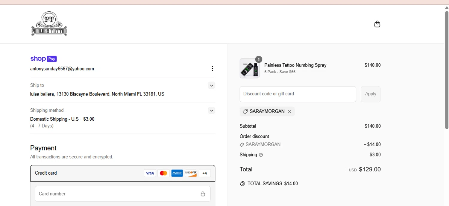 Painless Tattoo discount code screenshot showing code SARAYMORGAN applied at Painless Tattoo checkout page. Uploaded by SimplyCodes community member Lamadama on Jun 2, 2025