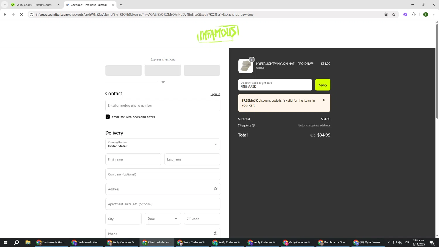 Infamous Paintball discount code screenshot showing code FREEMASK applied at Infamous Paintball checkout page. Uploaded by SimplyCodes community member DUCATI on Nov 8, 2025