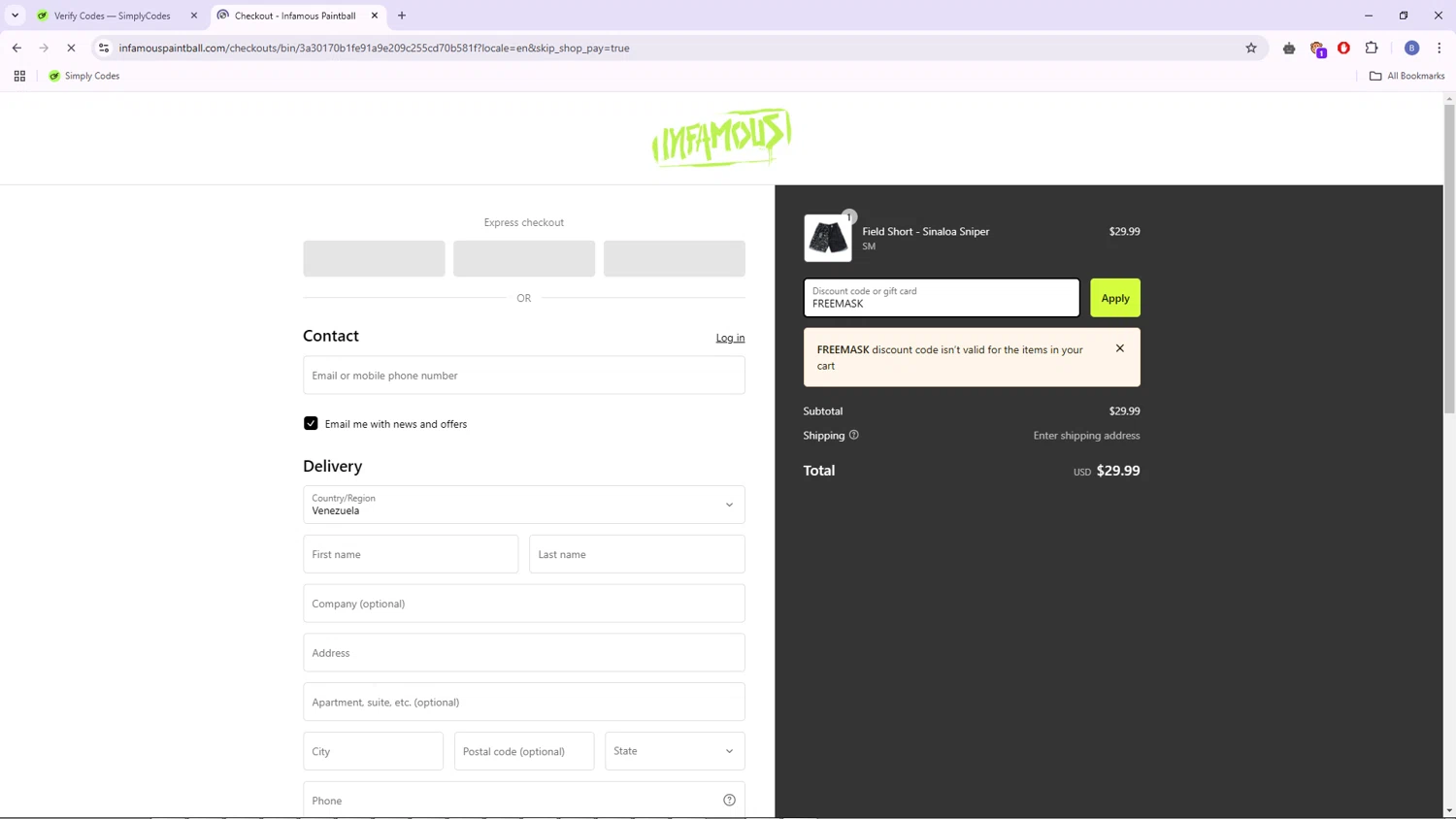 Infamous Paintball discount code screenshot showing code FREEMASK applied at Infamous Paintball checkout page. Uploaded by SimplyCodes community member WonderRanger8229 on Feb 2, 2025