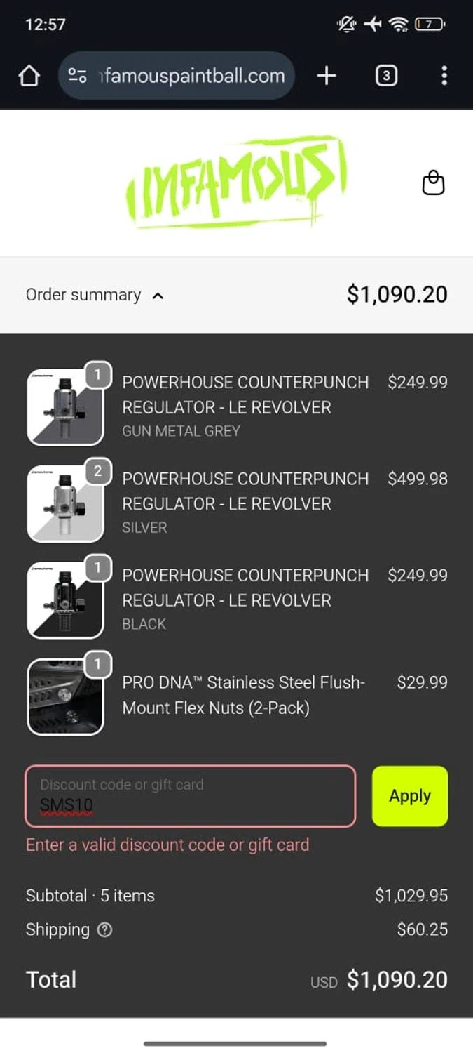 Infamous Paintball discount code screenshot showing code SMS10 applied at Infamous Paintball checkout page. Uploaded by SimplyCodes community member RoyalSpotter5217 on Jan 1, 2026