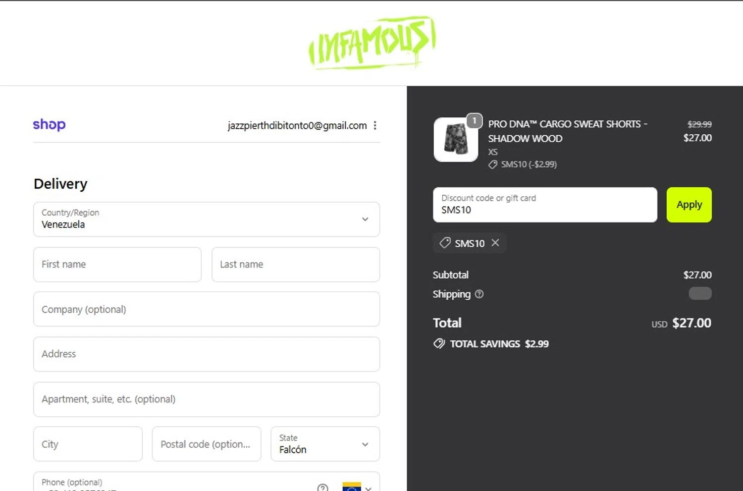 Infamous Paintball discount code screenshot showing code SMS10 applied at Infamous Paintball checkout page. Uploaded by SimplyCodes community member aadadqjkdwqdq on Dec 4, 2025