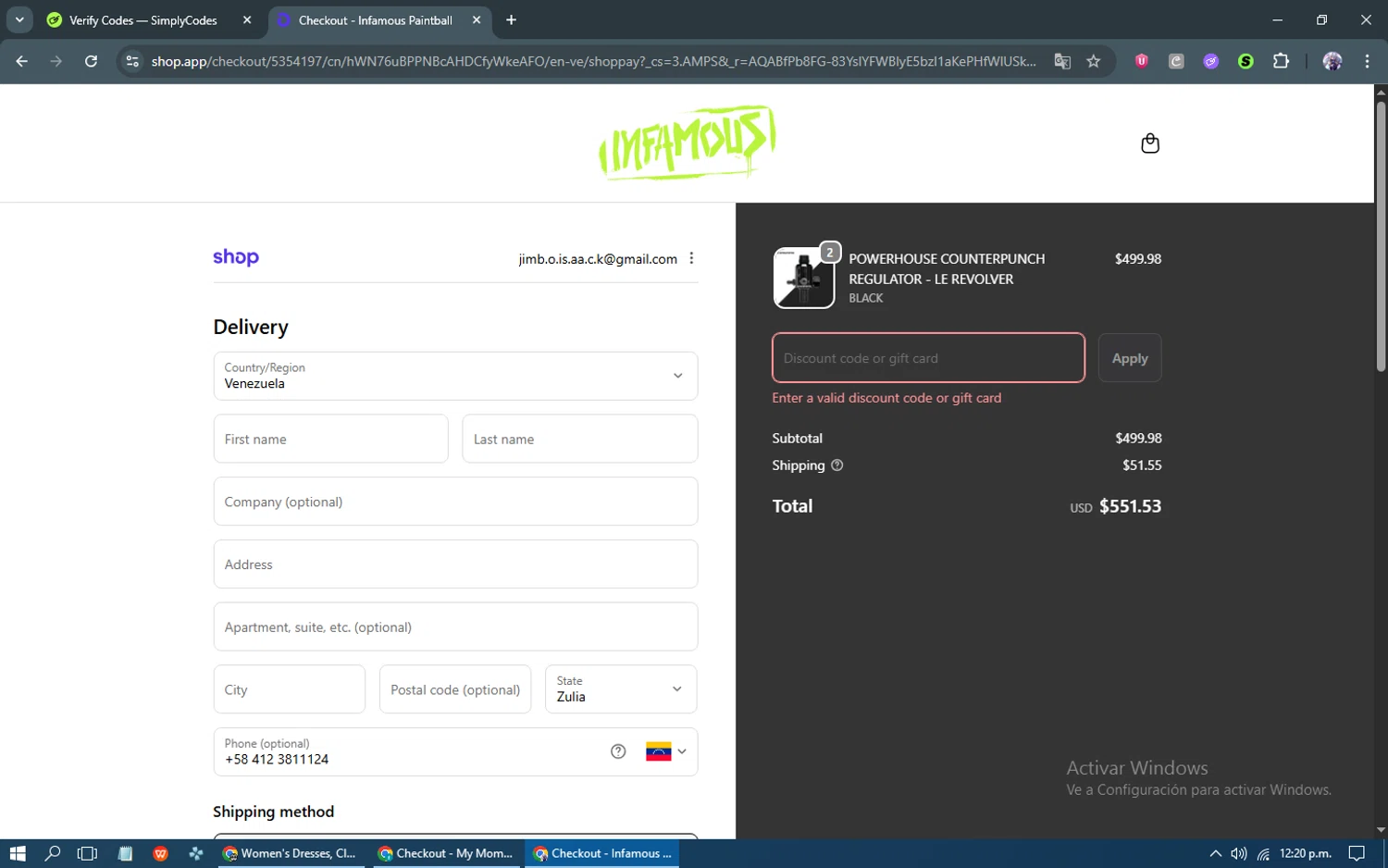 Infamous Paintball discount code screenshot showing code SMS10 applied at Infamous Paintball checkout page. Uploaded by SimplyCodes community member kakarotto on Jan 1, 2026