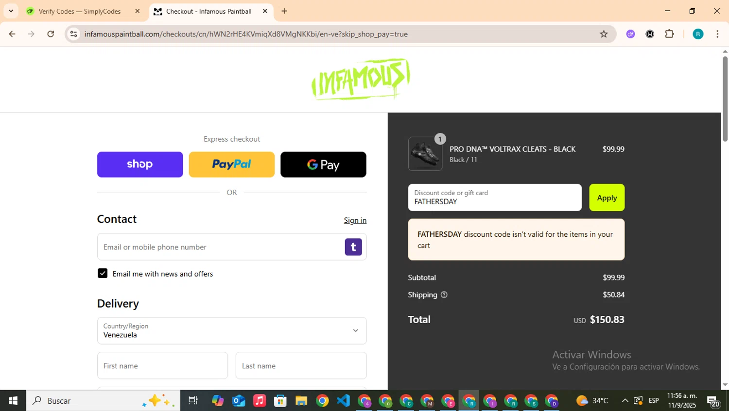 Infamous Paintball discount code screenshot showing code FATHERSDAY applied at Infamous Paintball checkout page. Uploaded by SimplyCodes community member BudgetHero4407 on Sep 11, 2025