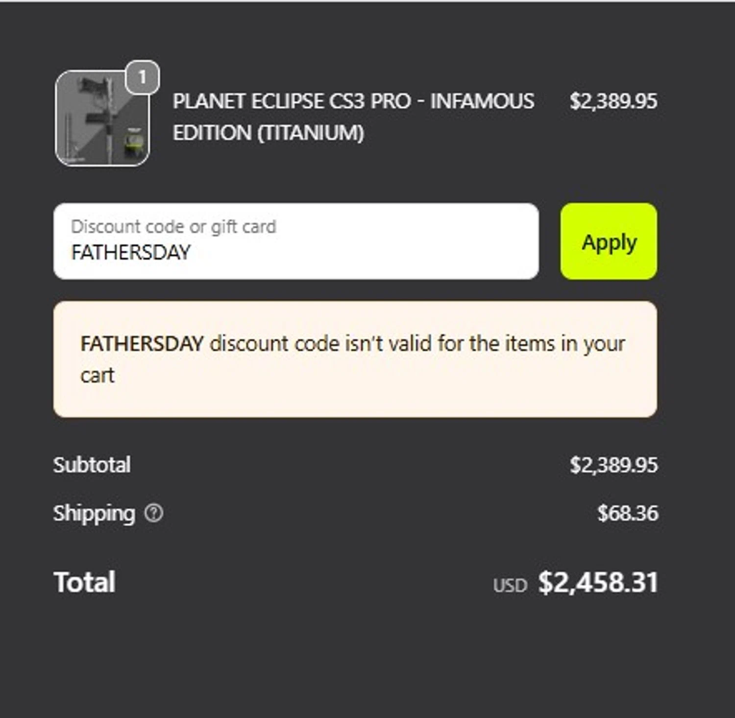 Infamous Paintball discount code screenshot showing code FATHERSDAY applied at Infamous Paintball checkout page. Uploaded by SimplyCodes community member MagnificentCollector7829 on Sep 24, 2025