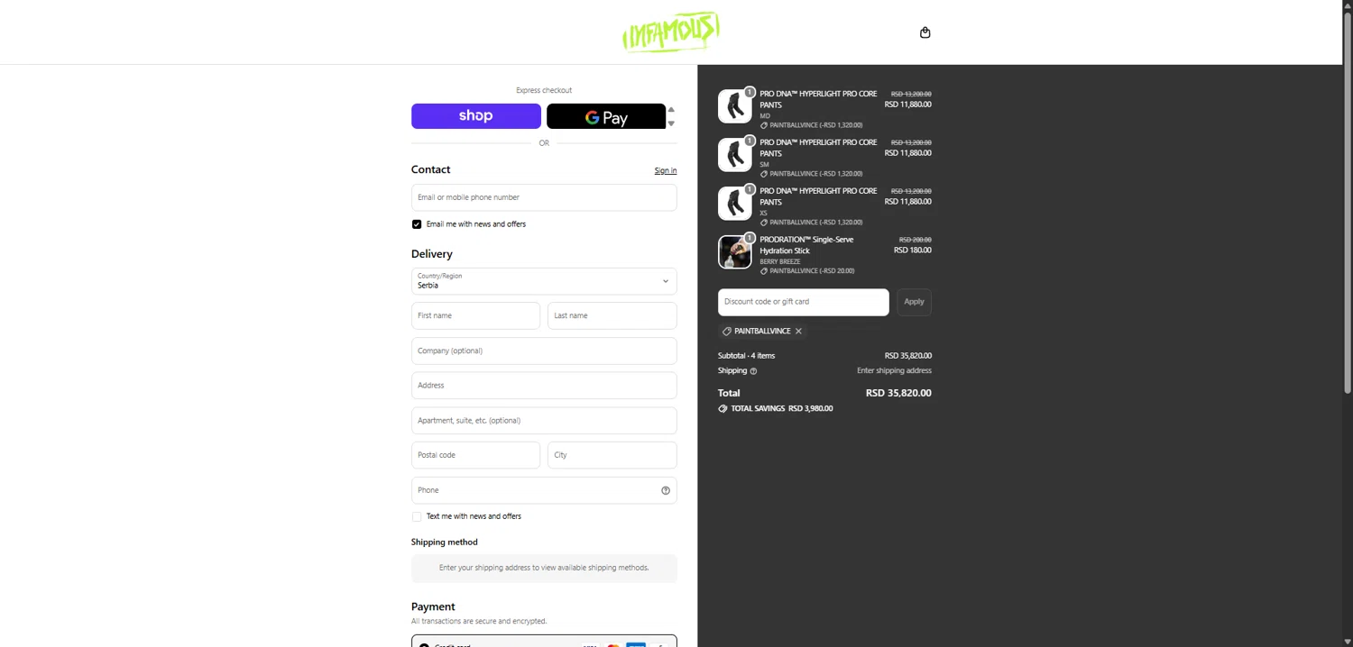 Infamous Paintball checkout page showing Infamous Paintball discount code box | Screenshot taken by SimplyCodes community member on Feb 6, 2026