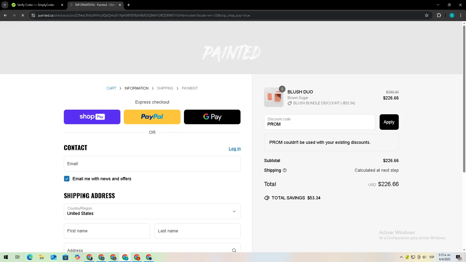Painted checkout page showing Painted discount code box | Screenshot taken by SimplyCodes community member on Apr 6, 2025