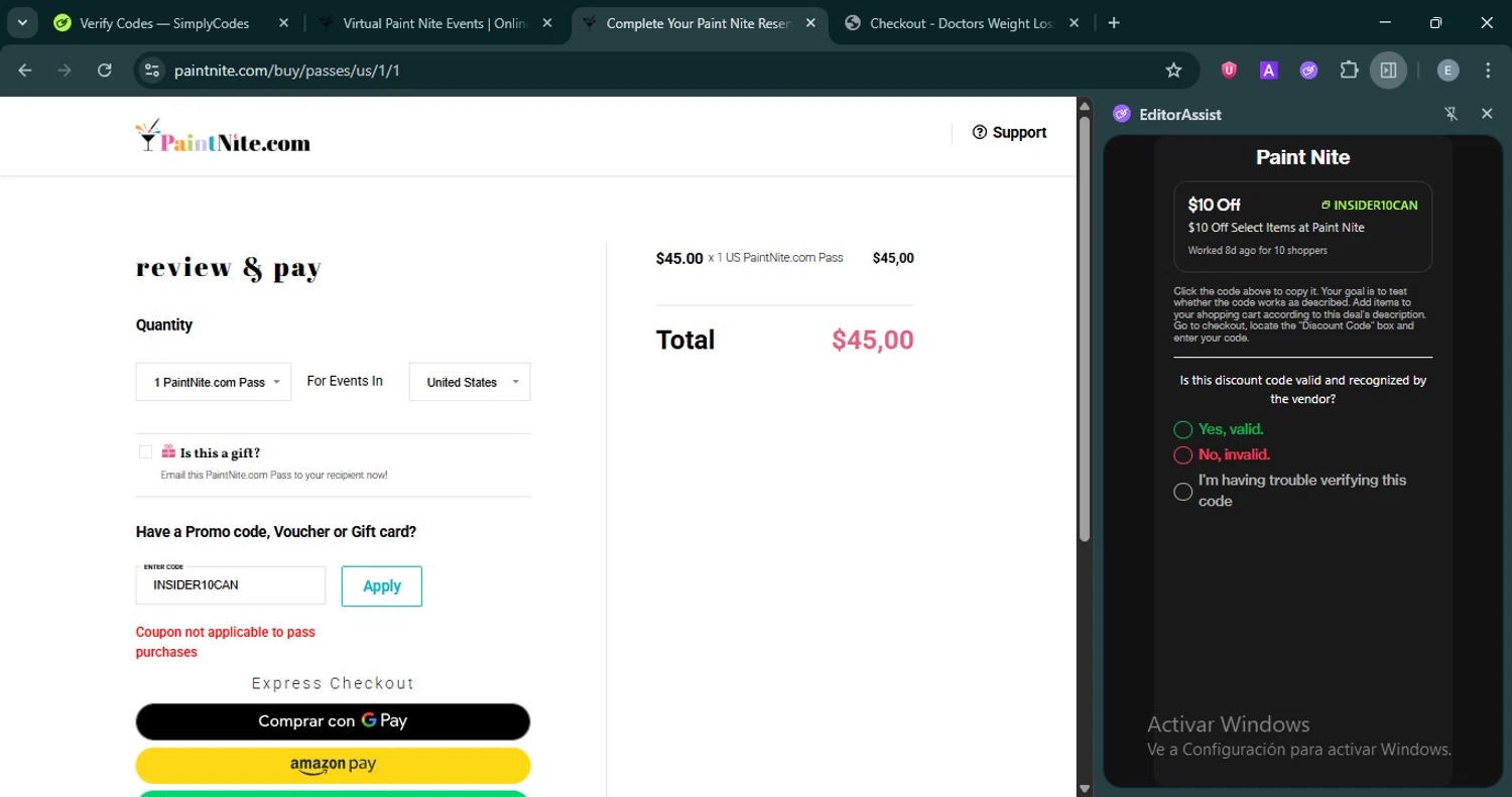 Paint Nite promo code screenshot showing code INSIDER10CAN applied at Paint Nite checkout page. Uploaded by SimplyCodes community member ExtraordinaryMonarch4598 on Oct 4, 2025