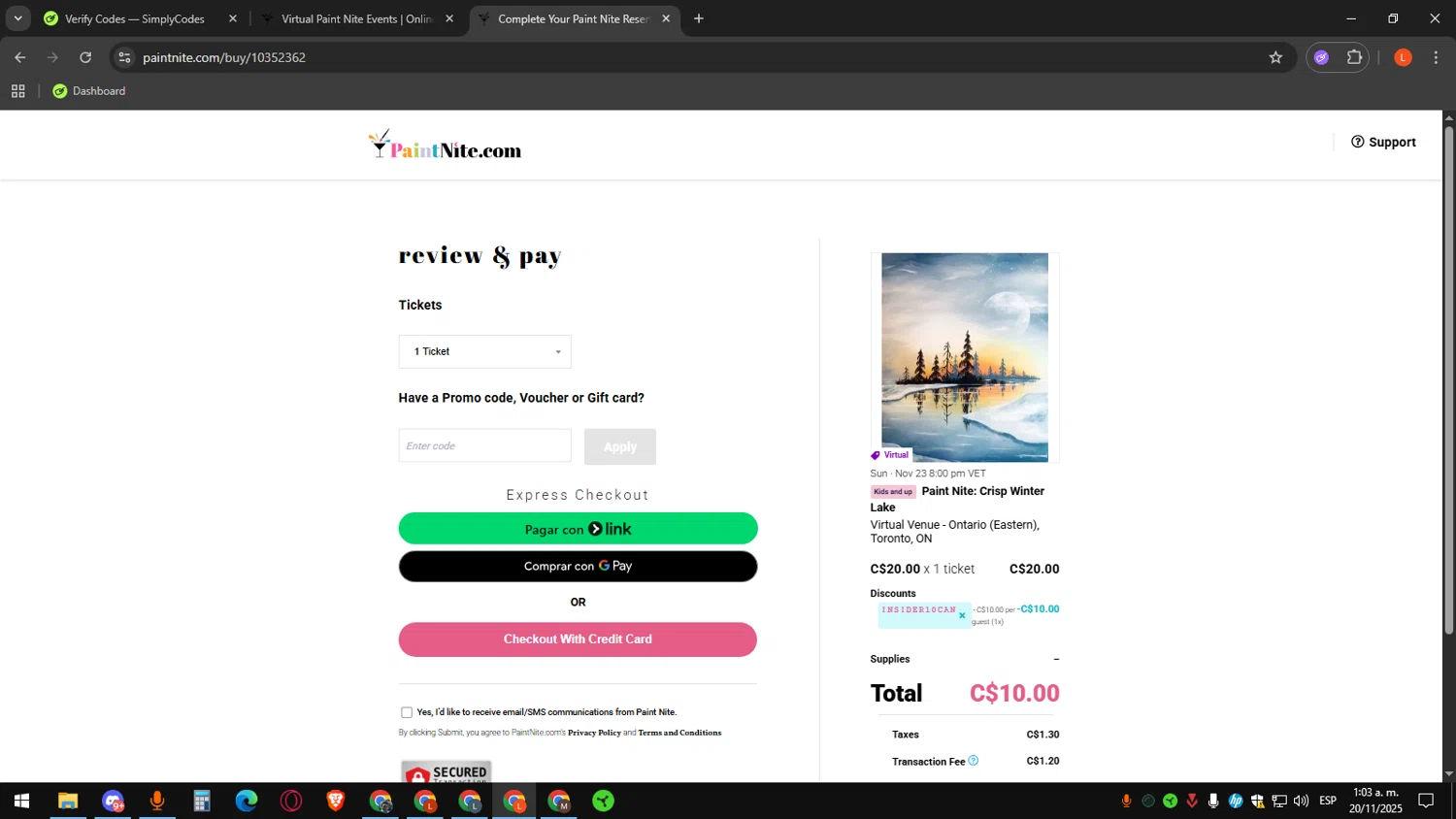 Paint Nite promo code screenshot showing code INSIDER10CAN applied at Paint Nite checkout page. Uploaded by SimplyCodes community member luissdbv4 on Nov 20, 2025