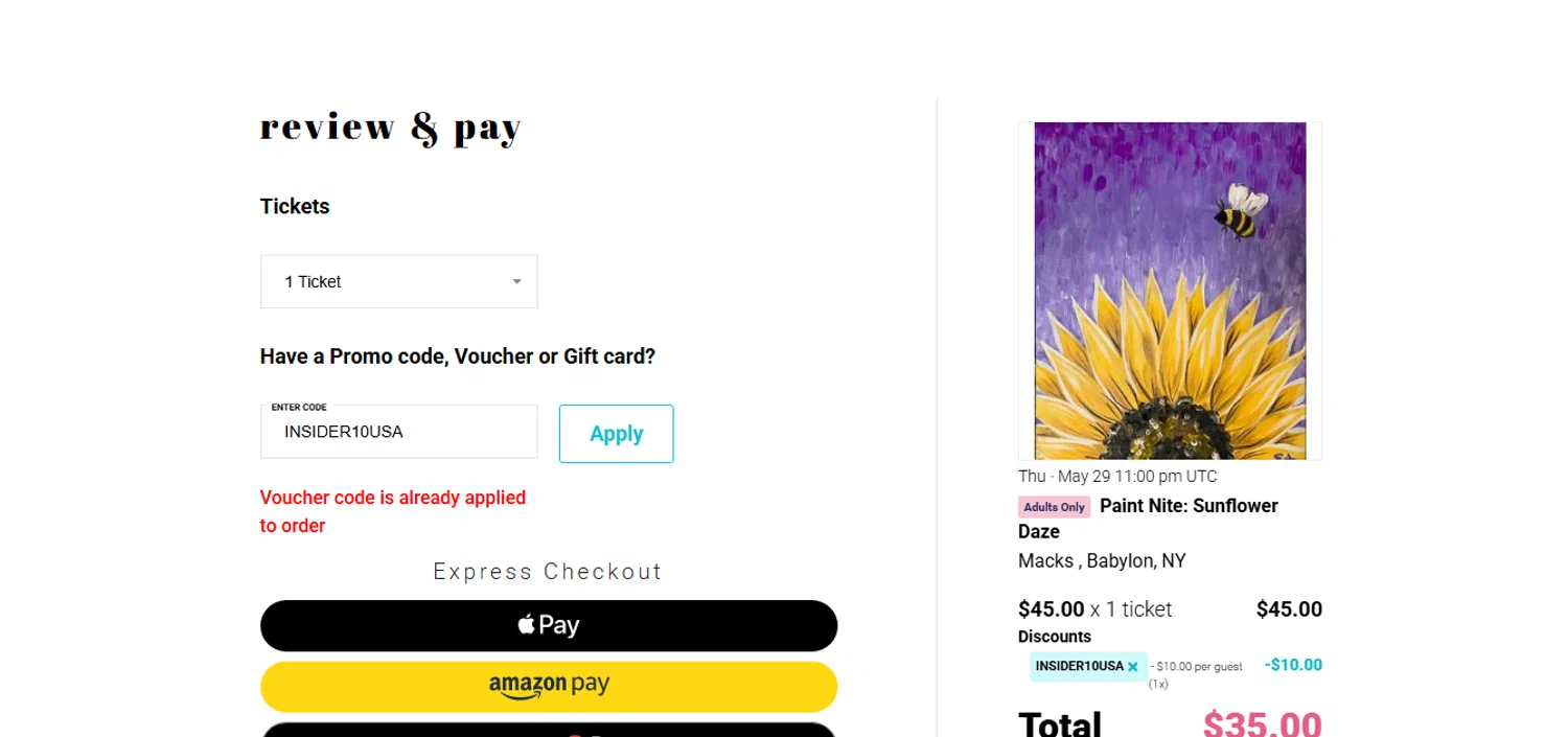 Paint Nite promo code screenshot showing code INSIDER10USA applied at Paint Nite checkout page. Uploaded by SimplyCodes community member FrugalKnight782 on Apr 3, 2025