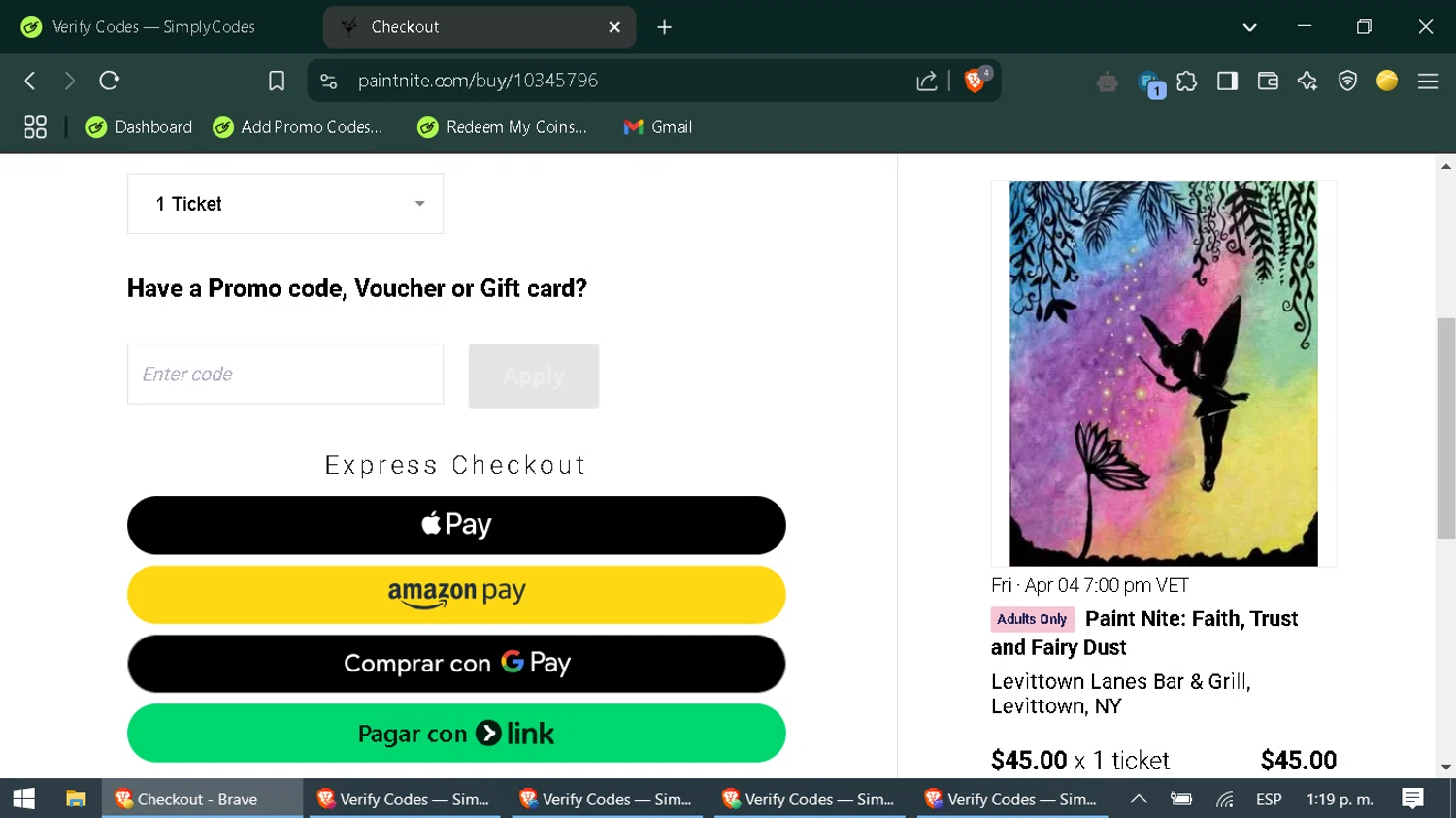 Paint Nite promo code screenshot showing code INSIDER10USA applied at Paint Nite checkout page. Uploaded by SimplyCodes community member SaleOwl2150 on Apr 3, 2025
