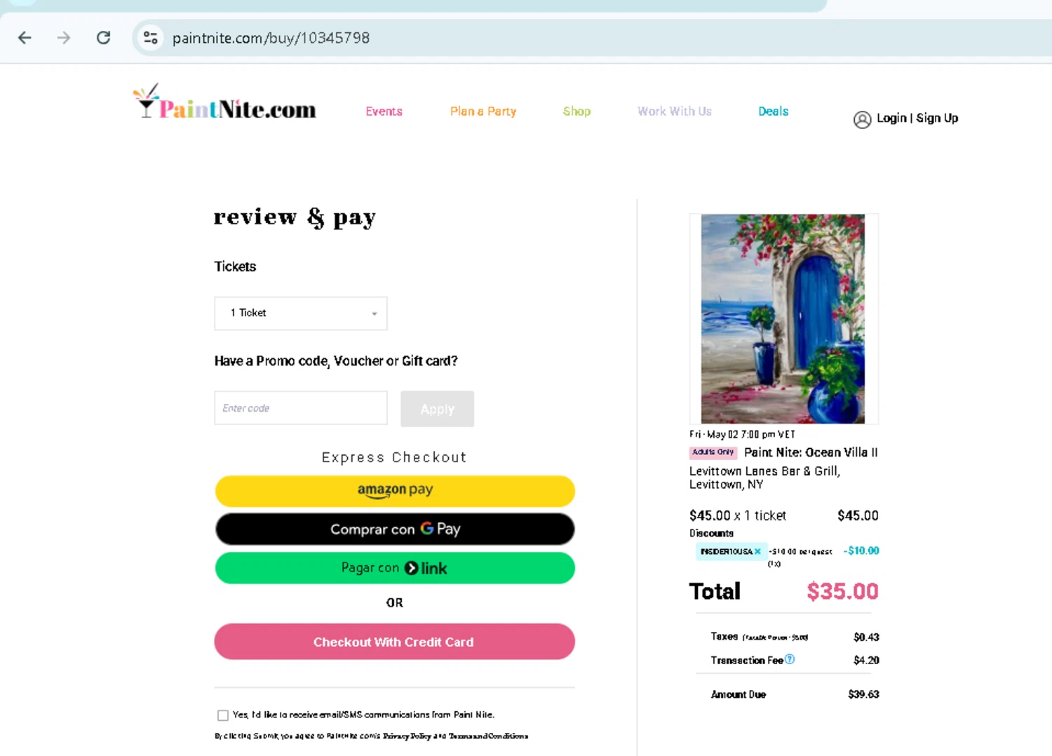 Paint Nite promo code screenshot showing code INSIDER10USA applied at Paint Nite checkout page. Uploaded by SimplyCodes community member TokenMonarch796 on May 2, 2025