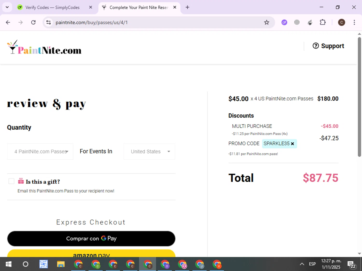 Paint Nite promo code screenshot showing code SPARKLE35 applied at Paint Nite checkout page. Uploaded by SimplyCodes community member ExtraordinaryPro8536 on Nov 1, 2025