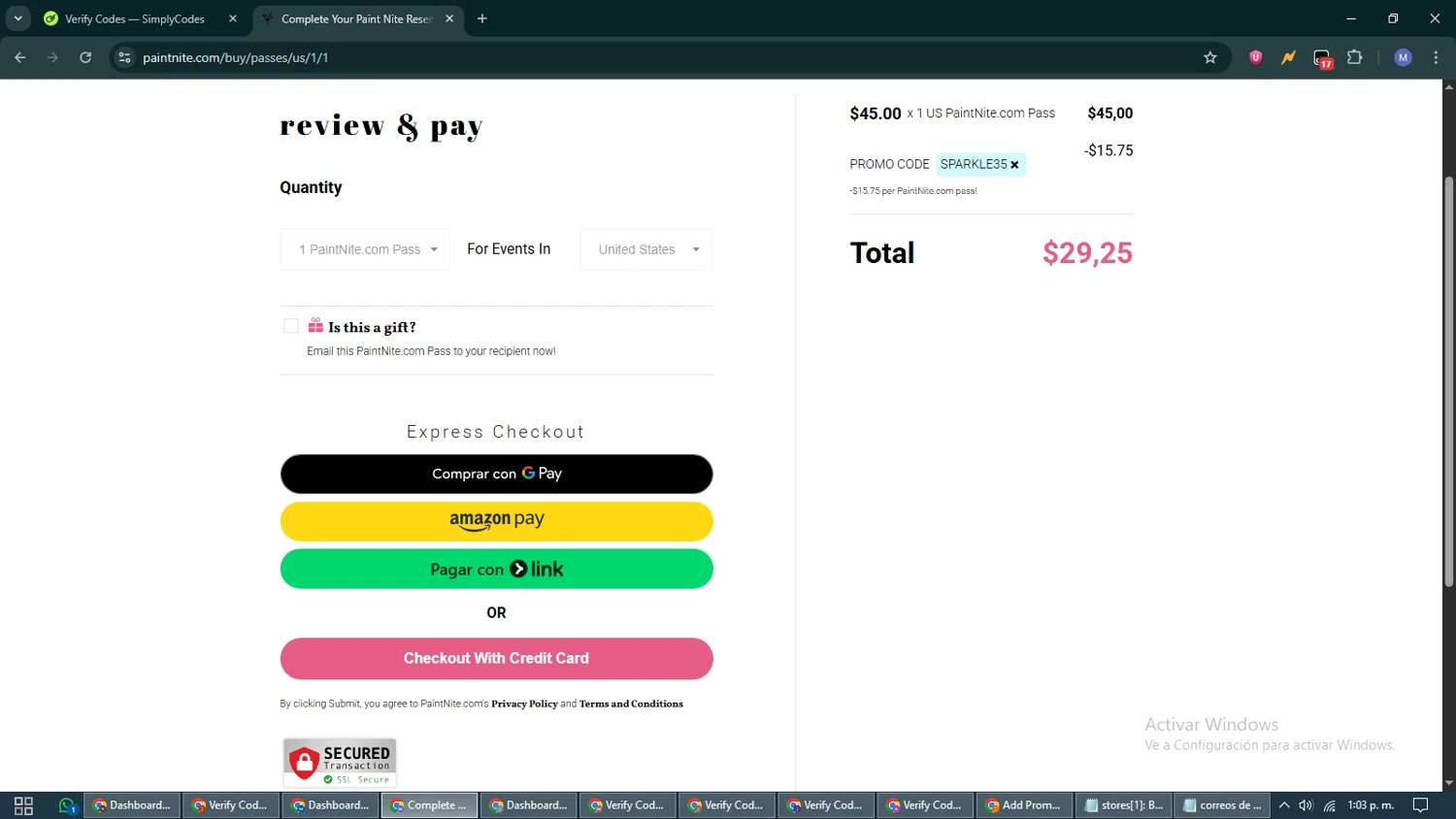 Paint Nite promo code screenshot showing code SPARKLE35 applied at Paint Nite checkout page. Uploaded by SimplyCodes community member VoucherCurator824 on Nov 1, 2025