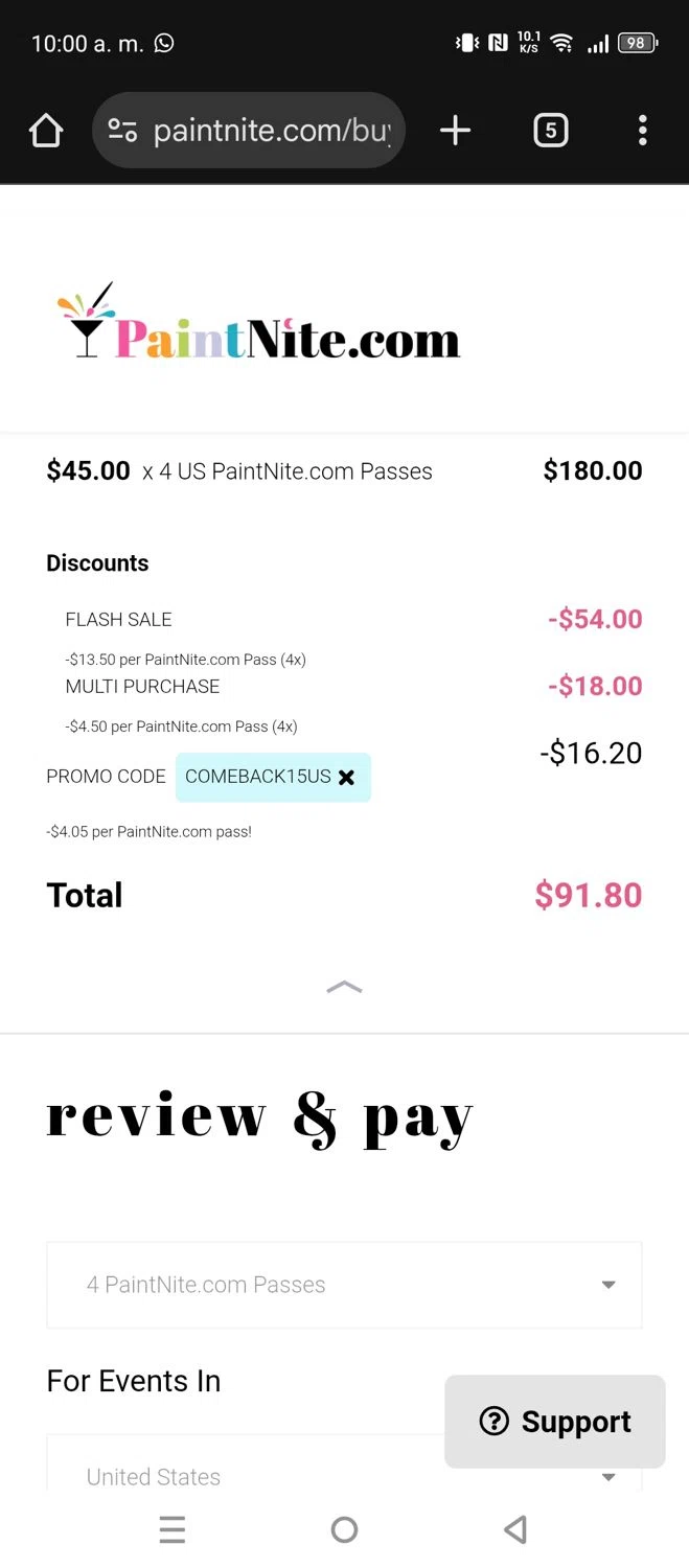 Paint Nite promo code screenshot showing code COMEBACK15US applied at Paint Nite checkout page. Uploaded by SimplyCodes community member lfppernia on Dec 24, 2025