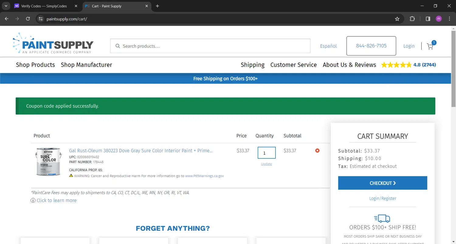 Paint Supply checkout page showing Paint Supply coupon code box | Screenshot taken by SimplyCodes community member on Mar 3, 2024