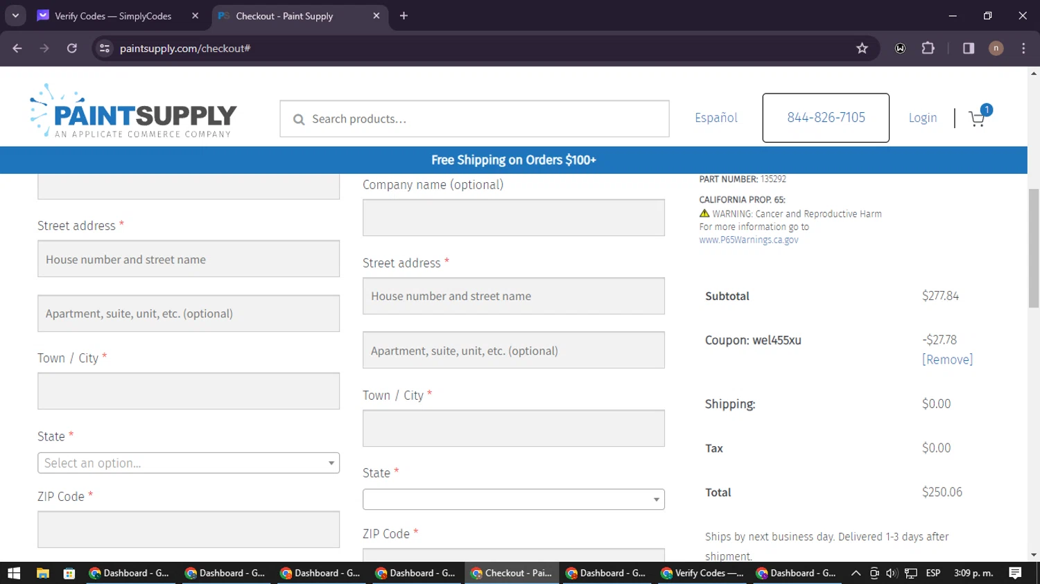 Paint Supply checkout page showing Paint Supply coupon code box | Screenshot taken by SimplyCodes community member on Apr 1, 2024