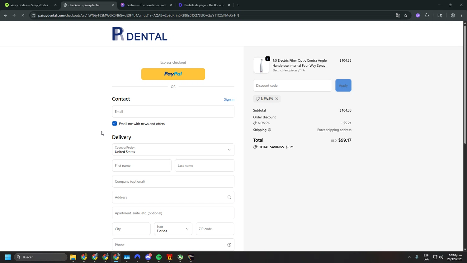 PaiRay Dental promo code screenshot showing code NEW5% applied at PaiRay Dental checkout page. Uploaded by SimplyCodes community member yapaguelos20lucas on Dec 29, 2025