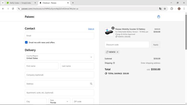 Paiseec checkout page showing Paiseec promo code box | Screenshot taken by SimplyCodes community member on Sep 12, 2025