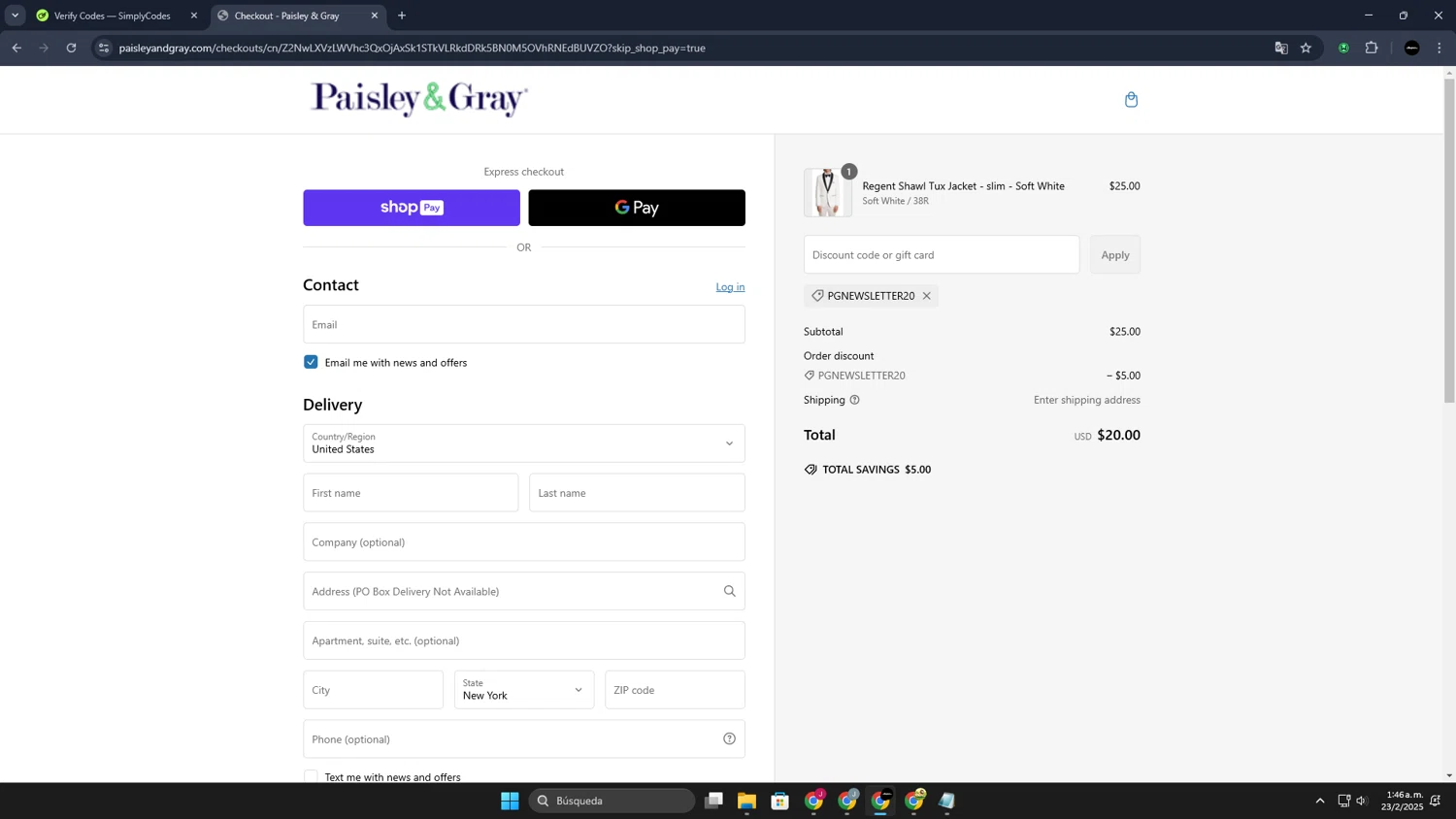 Paisley & Gray promo code screenshot showing code PGNEWSLETTER20 applied at Paisley & Gray checkout page. Uploaded by SimplyCodes community member JoseLocoHugo on Feb 23, 2025