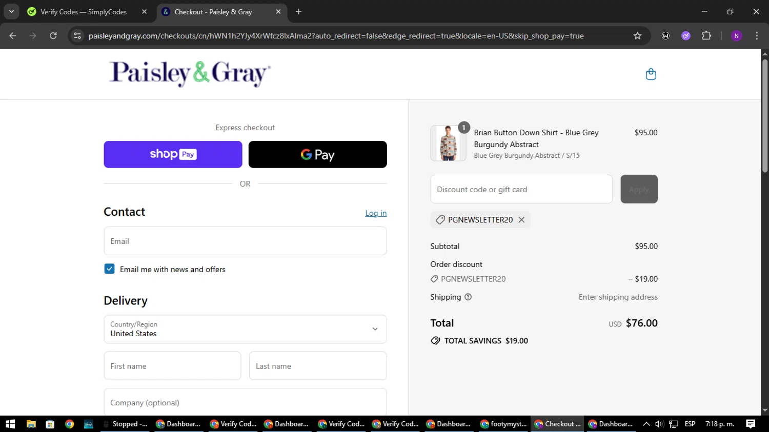 Paisley & Gray promo code screenshot showing code PGNEWSLETTER20 applied at Paisley & Gray checkout page. Uploaded by SimplyCodes community member NATAAAAAANAELCANO on Aug 11, 2025