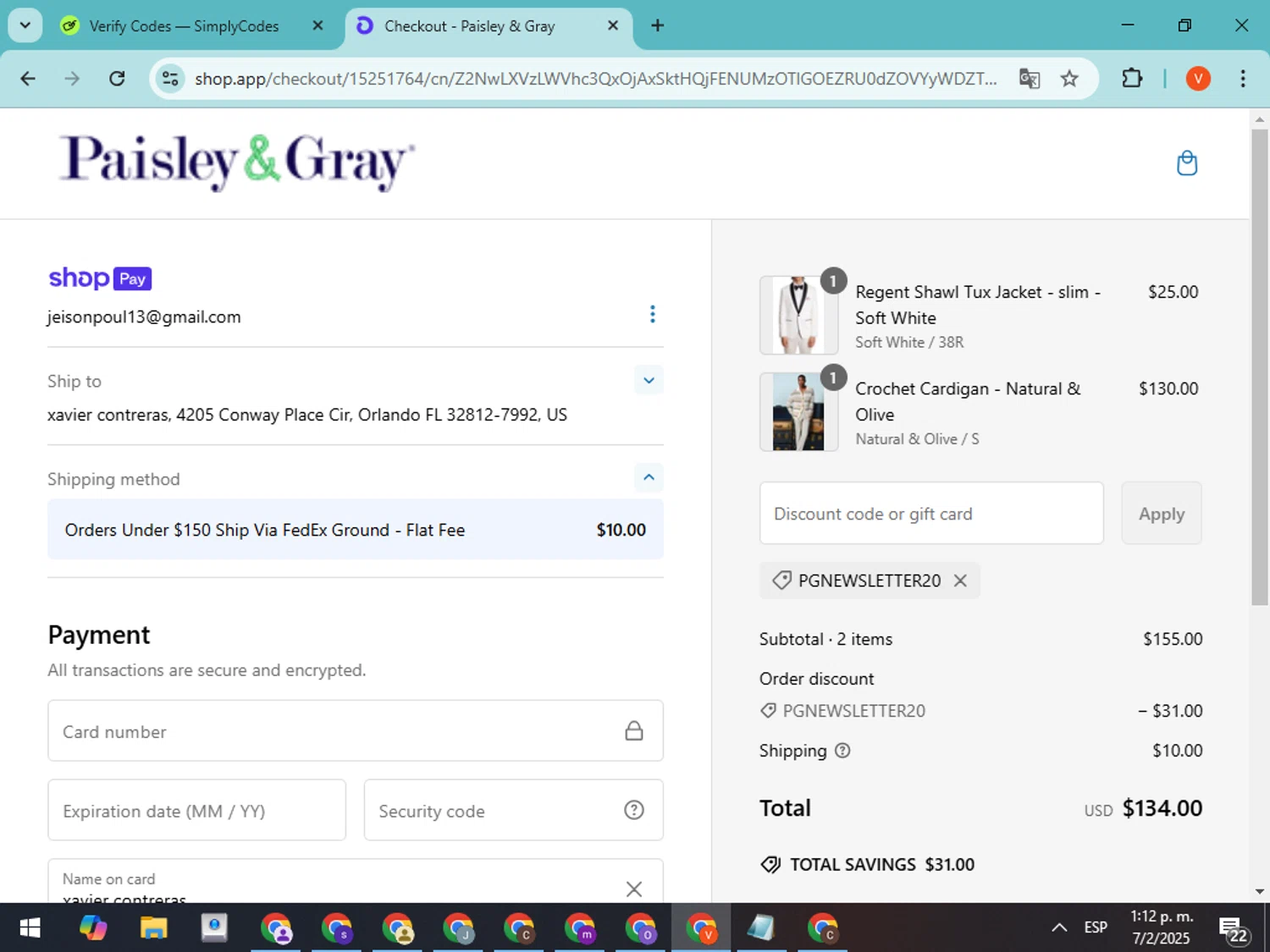 Paisley & Gray promo code screenshot showing code PGNEWSLETTER20 applied at Paisley & Gray checkout page. Uploaded by SimplyCodes community member CodeMonarch8148 on Feb 7, 2025