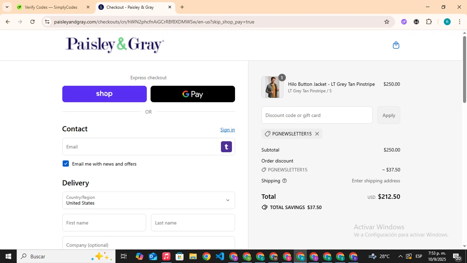 Paisley & Gray promo code screenshot showing code PGNEWSLETTER15 applied at Paisley & Gray checkout page. Uploaded by SimplyCodes community member BudgetHero4407 on Sep 10, 2025