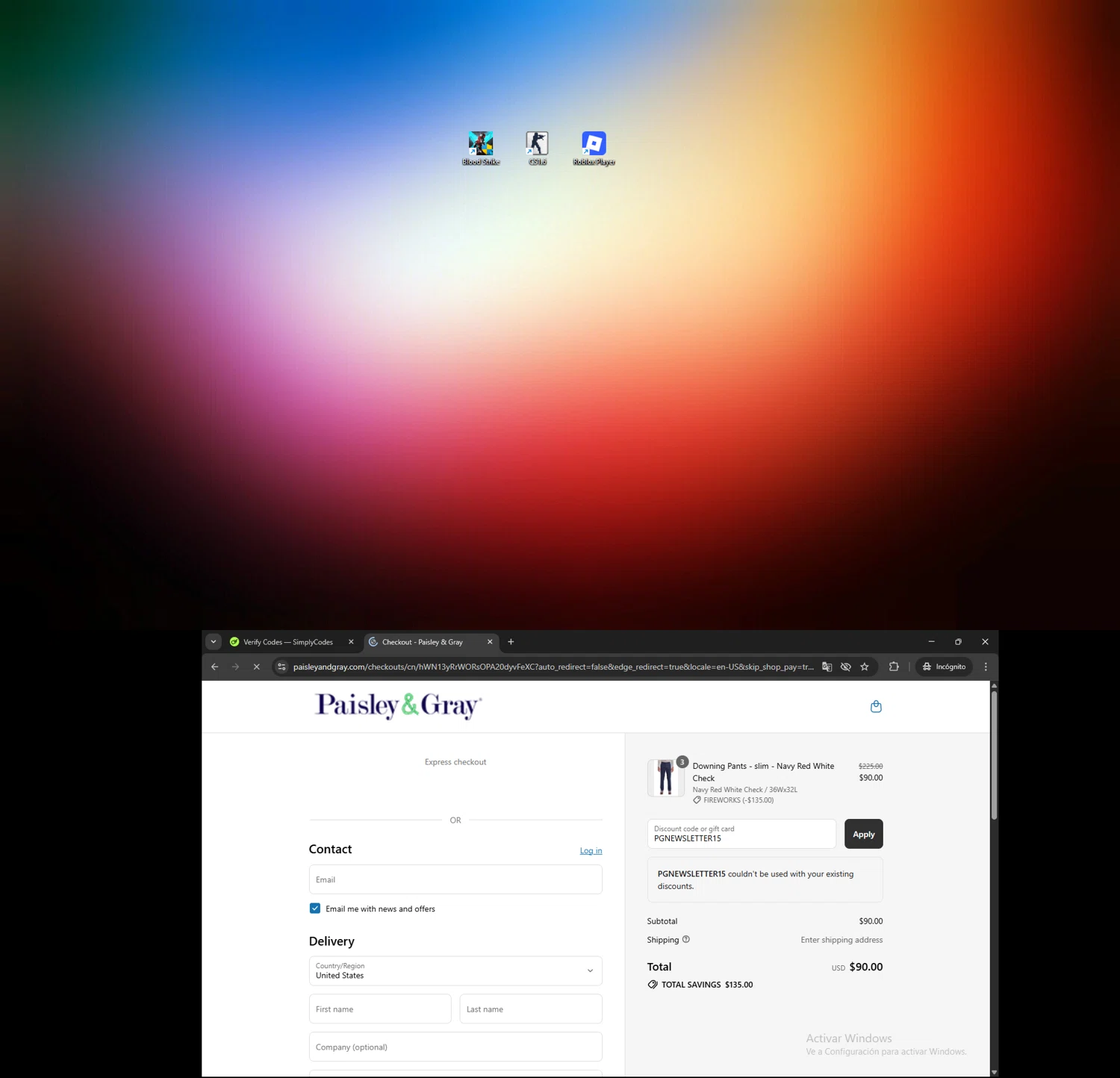 Paisley & Gray promo code screenshot showing code PGNEWSLETTER15 applied at Paisley & Gray checkout page. Uploaded by SimplyCodes community member ShrewdSleuth9497 on Jul 26, 2025