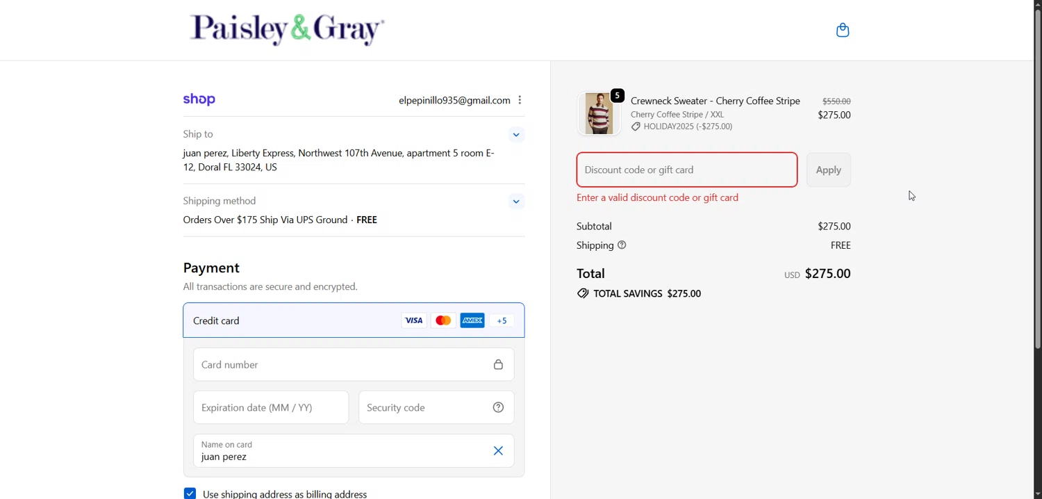 Paisley & Gray promo code screenshot showing code HOLIDAY2025 applied at Paisley & Gray checkout page. Uploaded by SimplyCodes community member Enmanuel99 on Jan 5, 2026