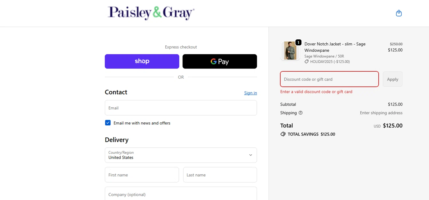 Paisley & Gray promo code screenshot showing code HOLIDAY2025 applied at Paisley & Gray checkout page. Uploaded by SimplyCodes community member Halanweik on Dec 31, 2025