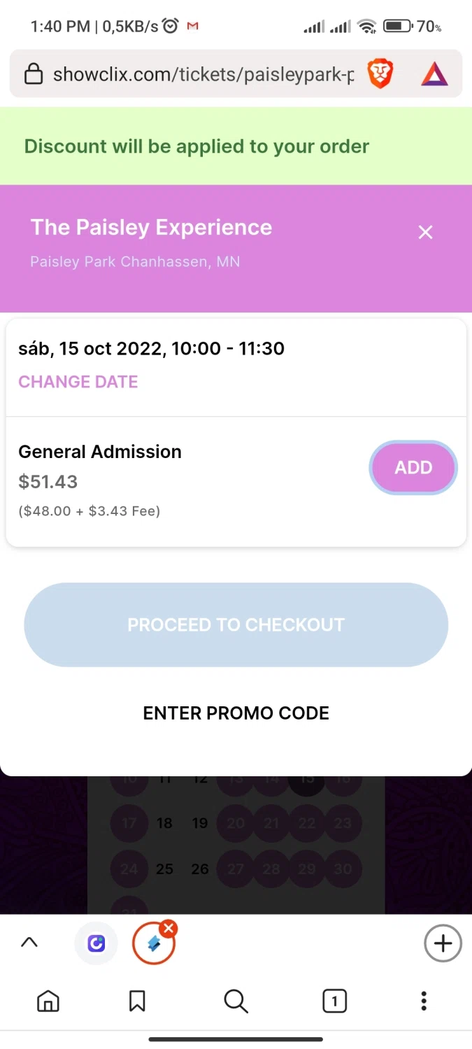 Paisley Park checkout page showing Paisley Park promo code box | Screenshot taken by SimplyCodes community member on Oct 6, 2022