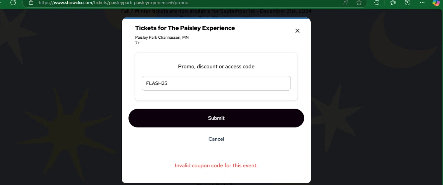 Paisley Park promo code screenshot showing code FLASH25 applied at Paisley Park checkout page. Uploaded by SimplyCodes community member chepipro on Mar 1, 2025