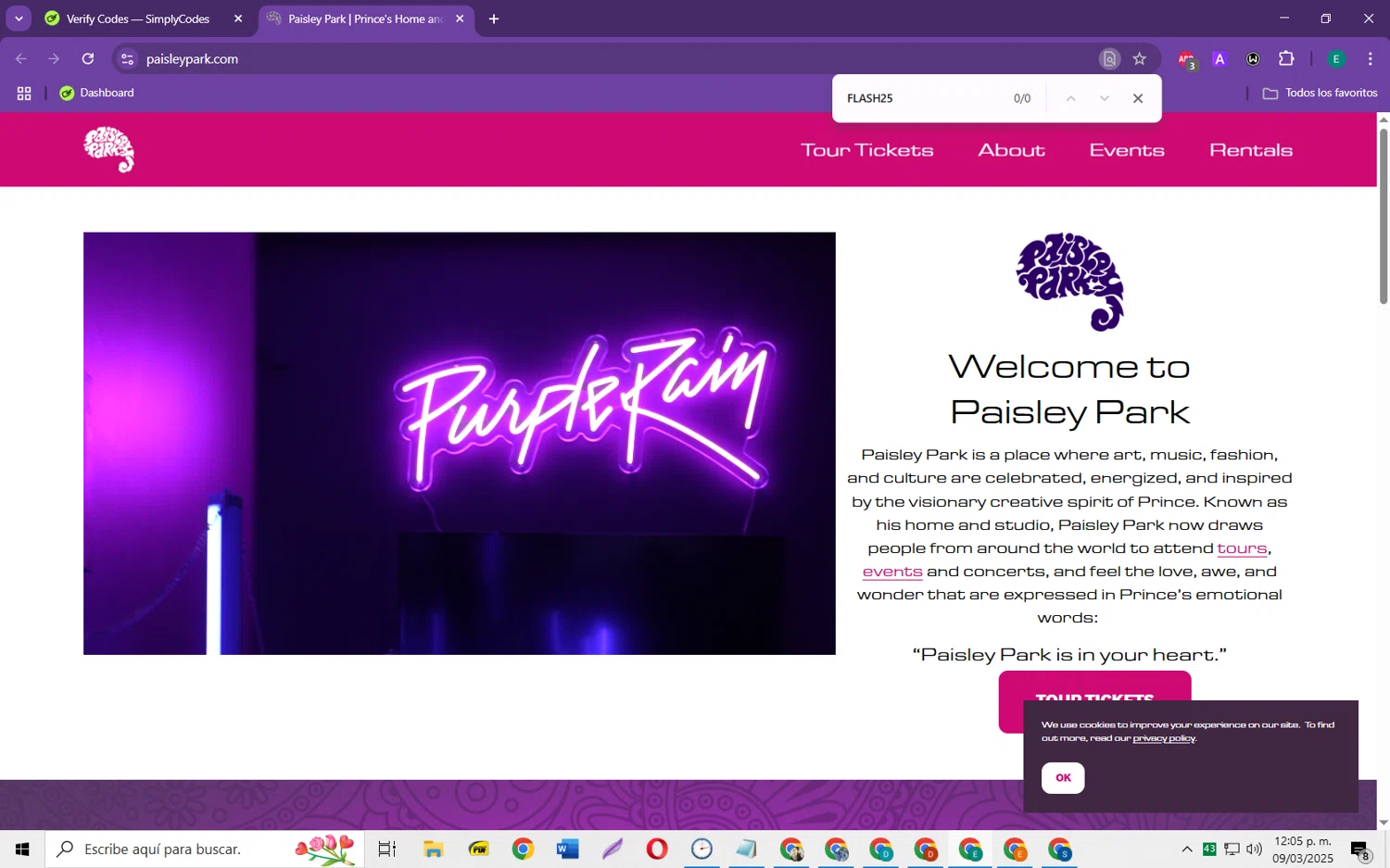 Paisley Park promo code screenshot showing code FLASH25 applied at Paisley Park checkout page. Uploaded by SimplyCodes community member RebateScholar429 on Mar 9, 2025