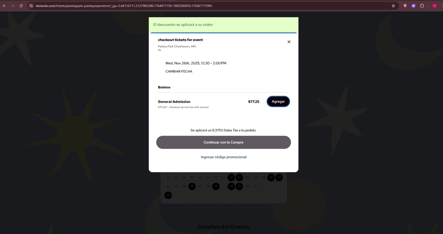 Paisley Park promo code screenshot showing code GIVETHANKS applied at Paisley Park checkout page. Uploaded by SimplyCodes community member LegendaryMaven4314 on Nov 25, 2025
