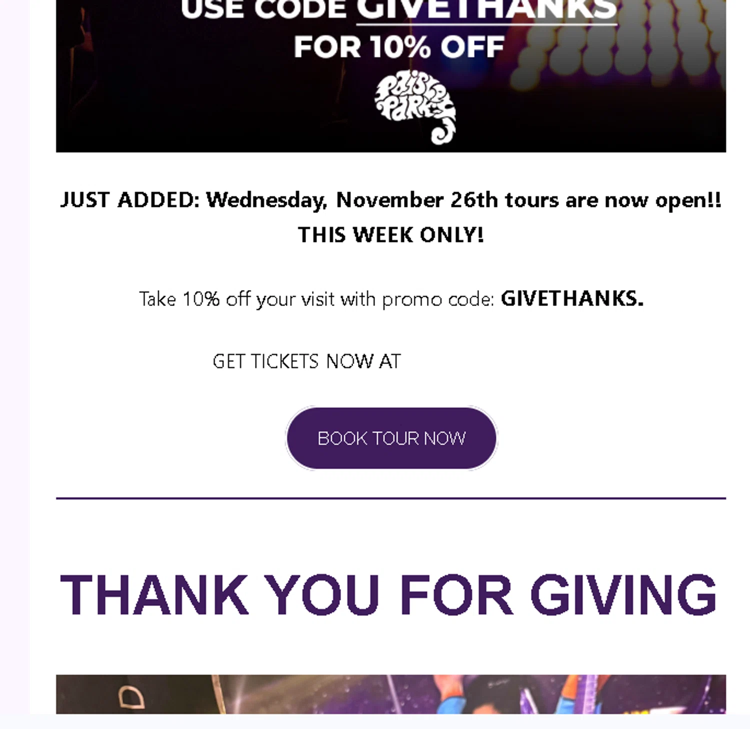 Paisley Park promo code screenshot showing code GIVETHANKS applied at Paisley Park checkout page. Uploaded by SimplyCodes community member Logoteam on Nov 25, 2025