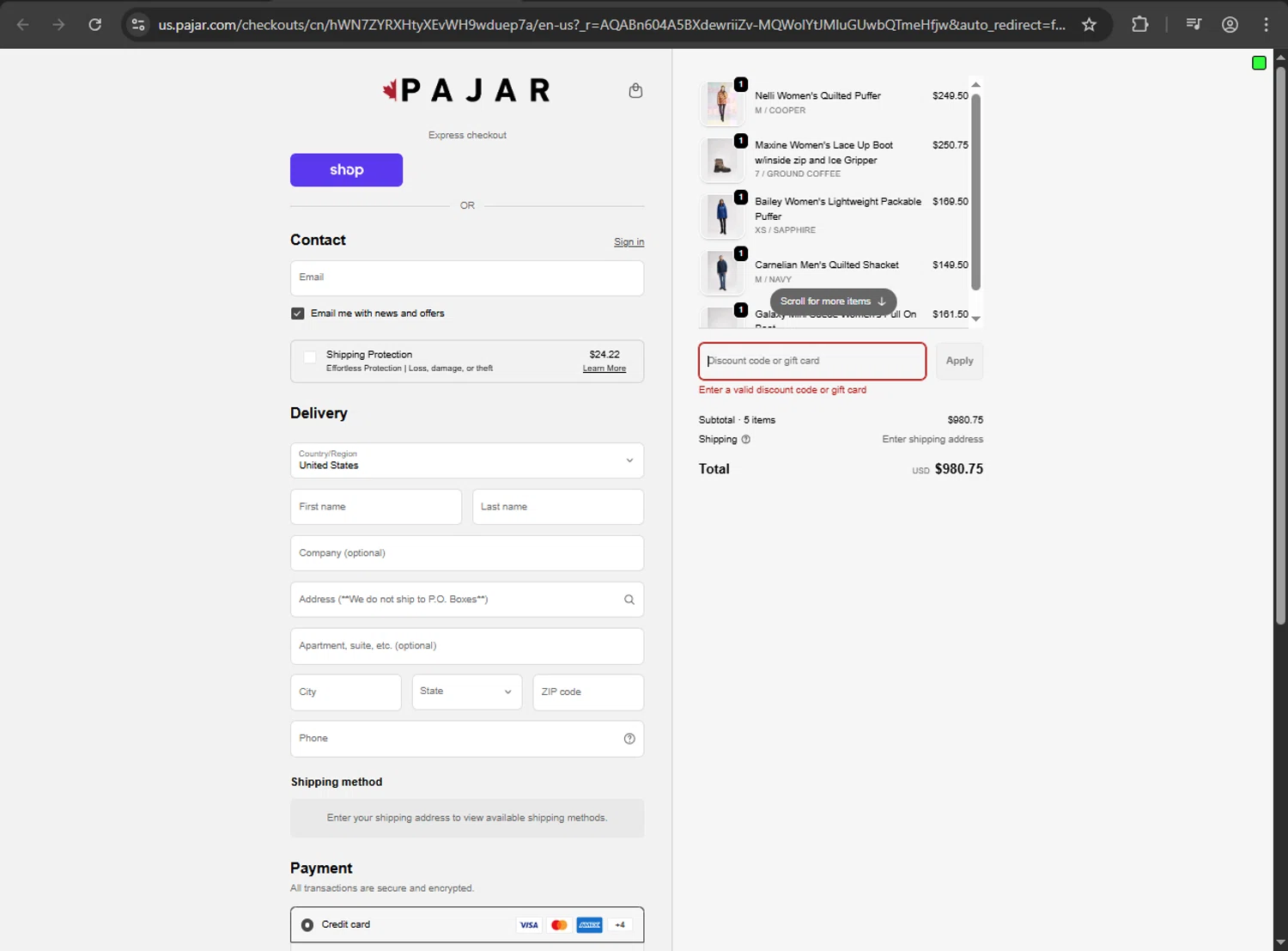 Pajar discount code screenshot showing code MOM applied at Pajar checkout page. Uploaded by SimplyCodes community member RINITOSHI on Jan 13, 2026