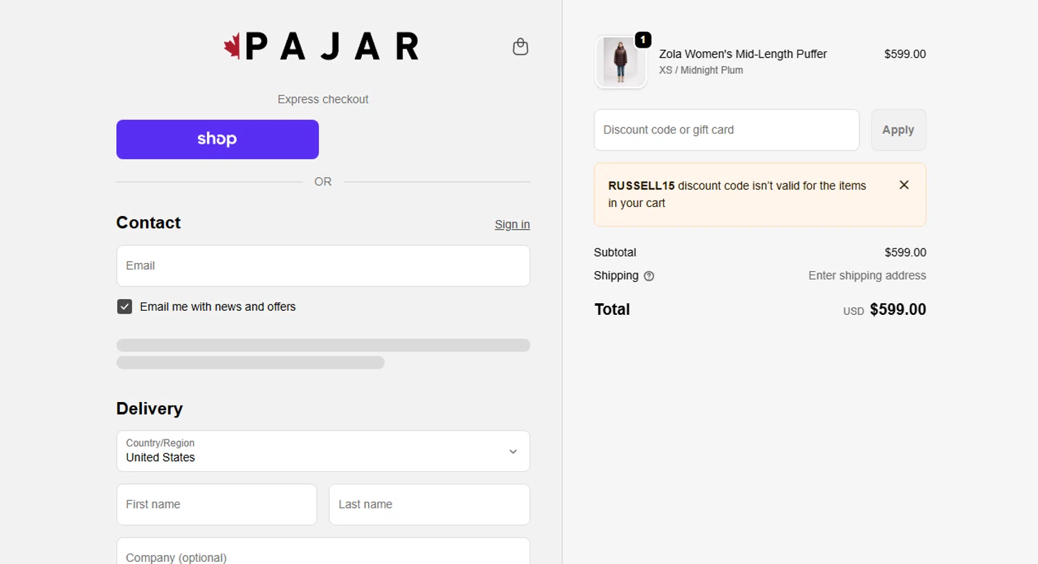 Pajar discount code screenshot showing code RUSSELL15 applied at Pajar checkout page. Uploaded by SimplyCodes community member Eliaslpz on Dec 17, 2025