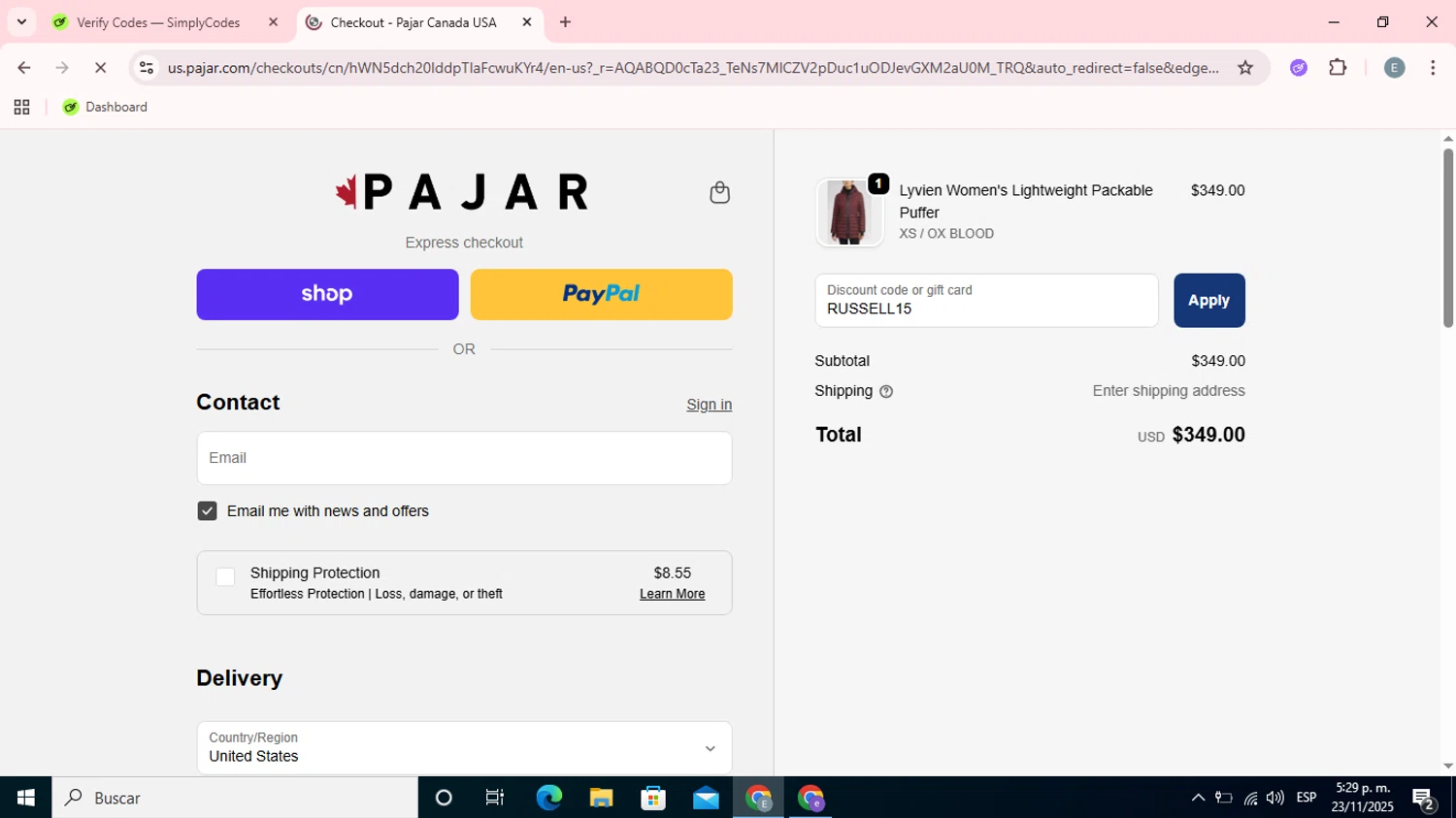 Pajar discount code screenshot showing code RUSSELL15 applied at Pajar checkout page. Uploaded by SimplyCodes community member Esteban on Nov 23, 2025