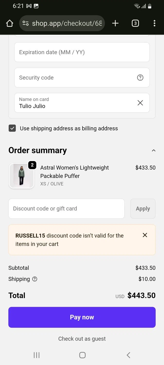 Pajar discount code screenshot showing code RUSSELL15 applied at Pajar checkout page. Uploaded by SimplyCodes community member tulioriera on Feb 13, 2026