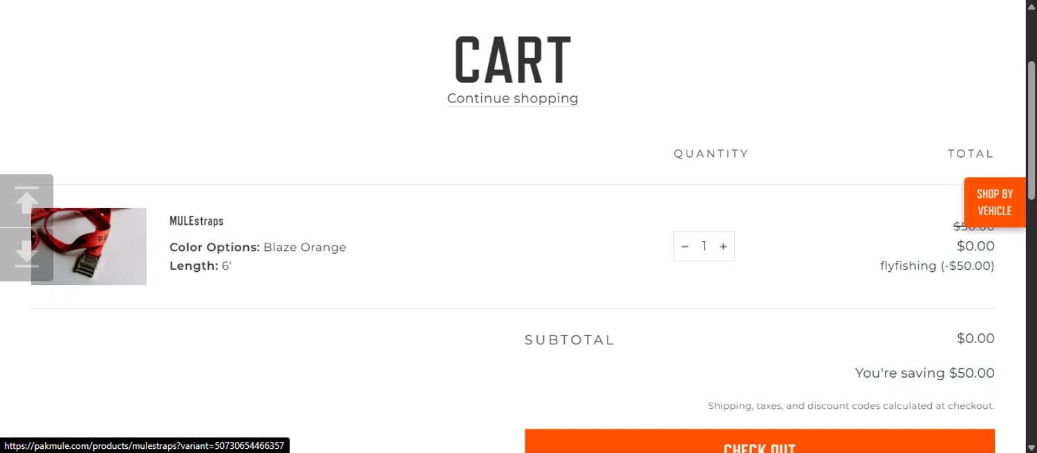 PAKMULE coupon code screenshot showing code FLYFISHING applied at PAKMULE checkout page. Uploaded by SimplyCodes community member 111111 on Nov 24, 2025