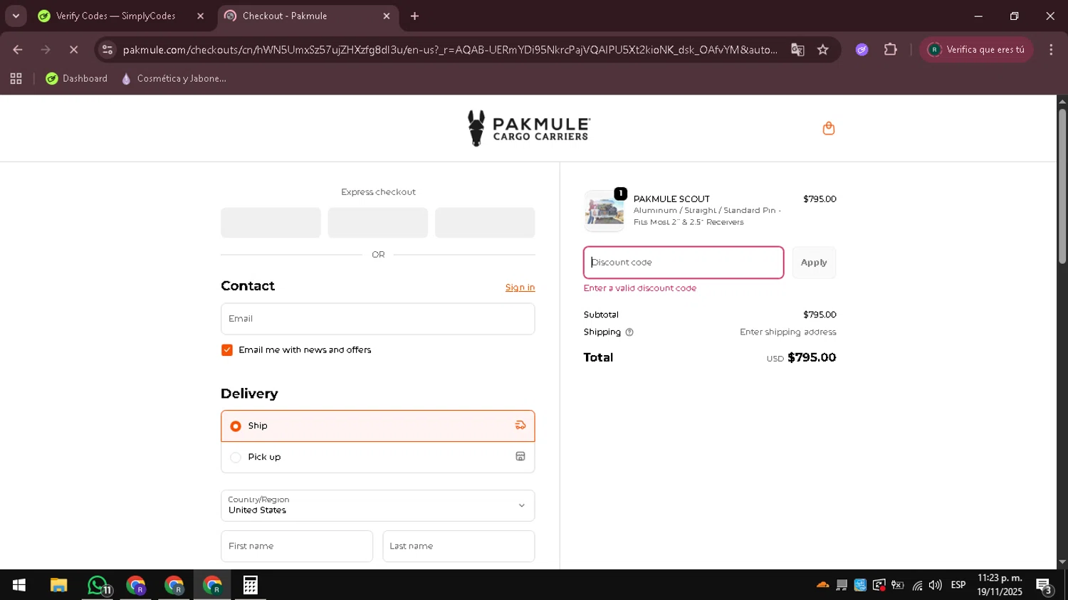PAKMULE coupon code screenshot showing code PAKMULE50 applied at PAKMULE checkout page. Uploaded by SimplyCodes community member Coneflavols on Nov 20, 2025
